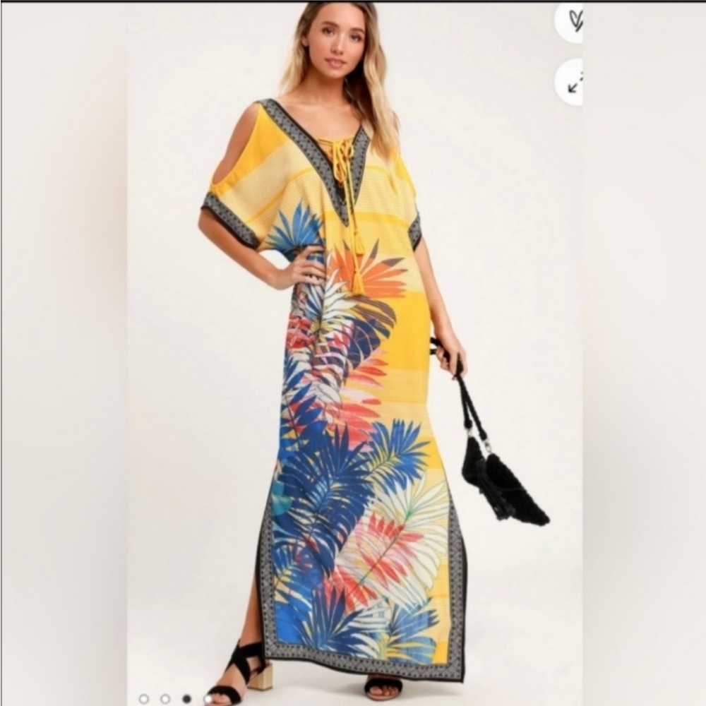 Lulu’s Totally Tropical Golden Yellow Print Kaftan Maxi Dress